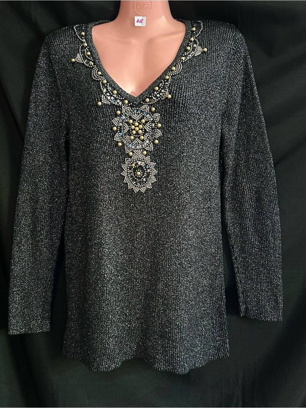 Lauren Michelle Women’s Embellished Metallic Black V-Neck Sweater MD